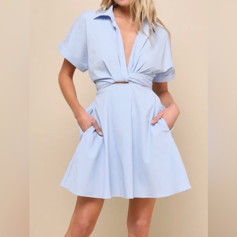 Lulus Breeze By Light Blue Tie-Back Mini Dress with pockets